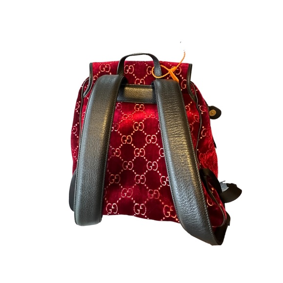 EUC GUCCI GG Marmont Backpack Rucksack Red Velvet Velour Black Leather - Picture 6 of 11